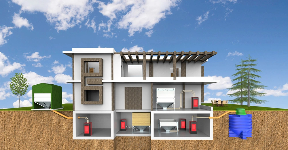 Wohnhaus zeigt Schnittansicht der inneren Strukturen; zeigt sowohl unterirdische als auch oberirdische Bereiche; links und rechts des Gebäudes befinden sich Bäume; der Himmel ist blau mit wenigen Wolken.