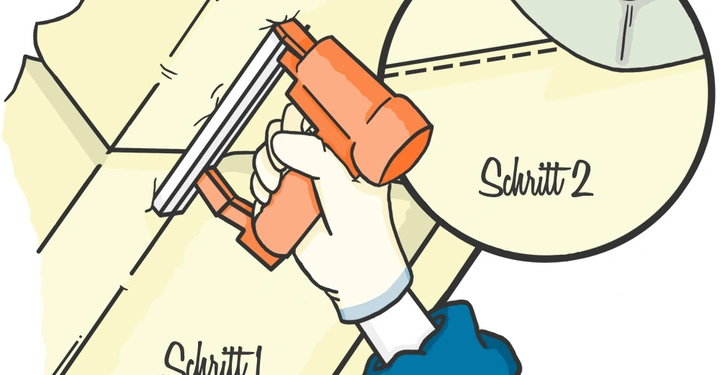 Hand hält ein Tackergerät in Schritt 1 während es Klammern auf Papier heftet Schritt 2 zeigt dass das Papier mit Klebeband fixiert wird Im Hintergrund befindet sich eine helle Fläche