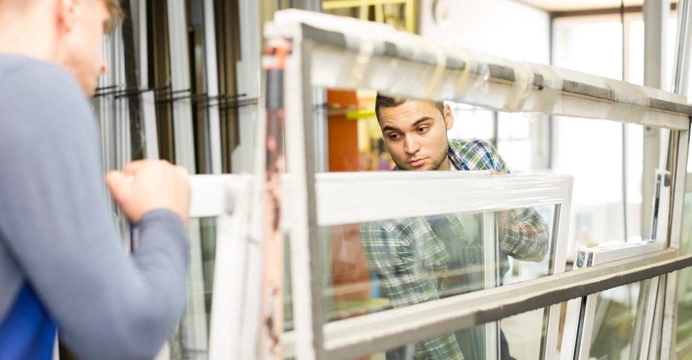Zwei Männer bewegen ein großes Fensterrahmen in einer Werkstatt umgeben von anderen Fenstern Lageregale und Werkzeugen.