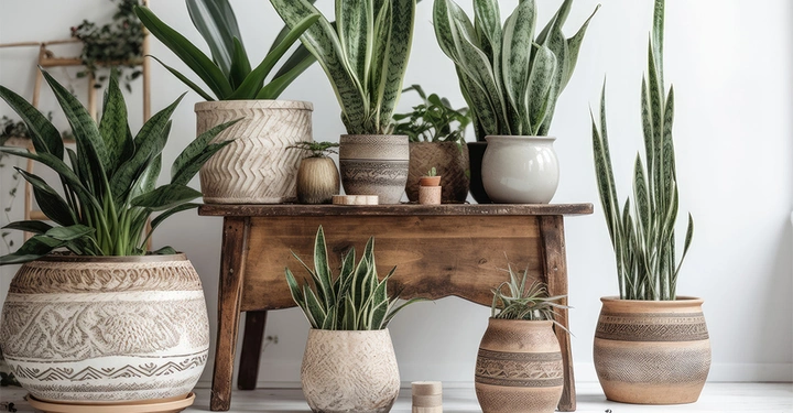 Galerie-Bild 4: Verschiedene Bogenhanf-Pflanzen in terracottafarbenen Töpfen auf dem Boden und einem kleinen Holztisch.
