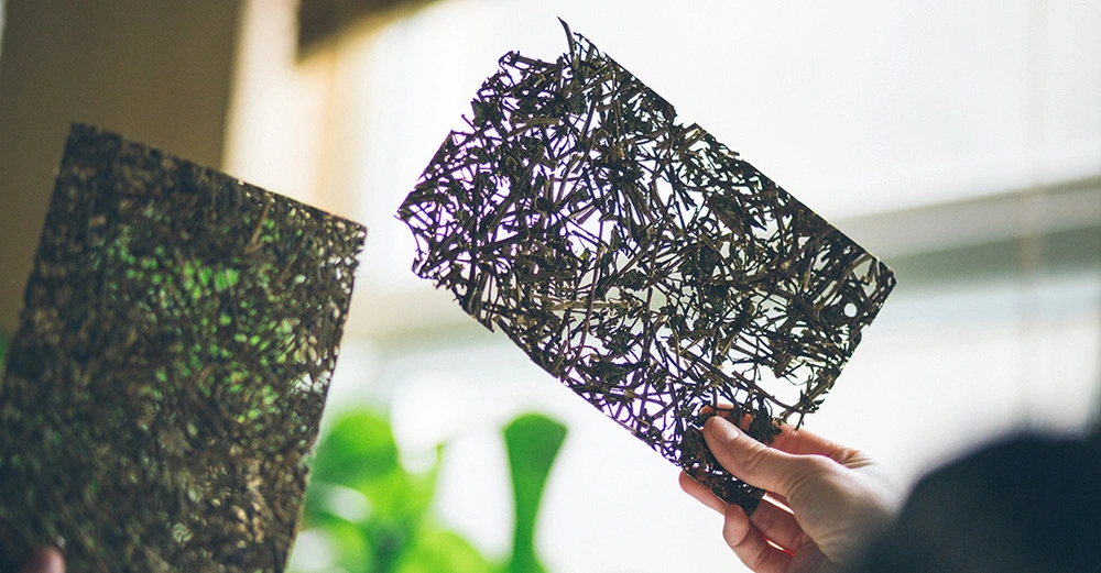 Eine Hand hält ein rechteckiges, durchbrochenes Musterobjekt hoch in einem gut beleuchteten Raum mit Pflanzen und einem Fenster im Hintergrund.