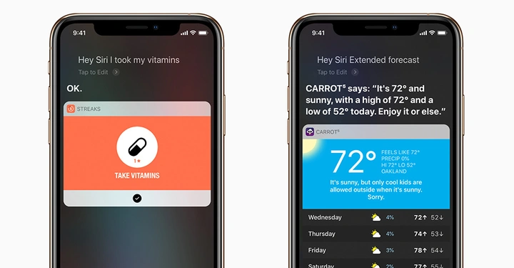 Zwei Smartphones zeigen Siri-Befehle: Links meldet eine App Vitamineneinnahme mit OK und TAKE VITAMINS. Rechts zeigt die CARROT⁵-Wettervorhersage 72° an und enthält humorvollen Text.
