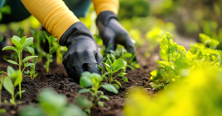 Frau mit schwarzen Gartenhanschuhen pflanzt junge Gemüsepflänzchen in die Erde. 