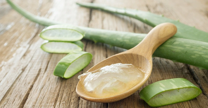Holzlöffel mit Aloe Vera Gel liegend auf einem hölzernen Tisch umgeben von Aloe Vera Blättern und -scheiben