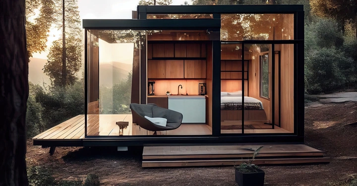 Holzhaus mit großen Glasfronten enthält einen Sessel und eine minimalistische Einrichtung steht in einem Waldgebiet bei Sonnenuntergang.