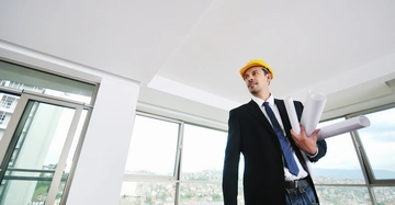 Ein Mann trägt einen gelben Bauhelm und hält mehrere Baupläne. Er steht in einem modern ausgestatteten Raum mit großen Fenstern, durch die man eine städtische Landschaft sieht.