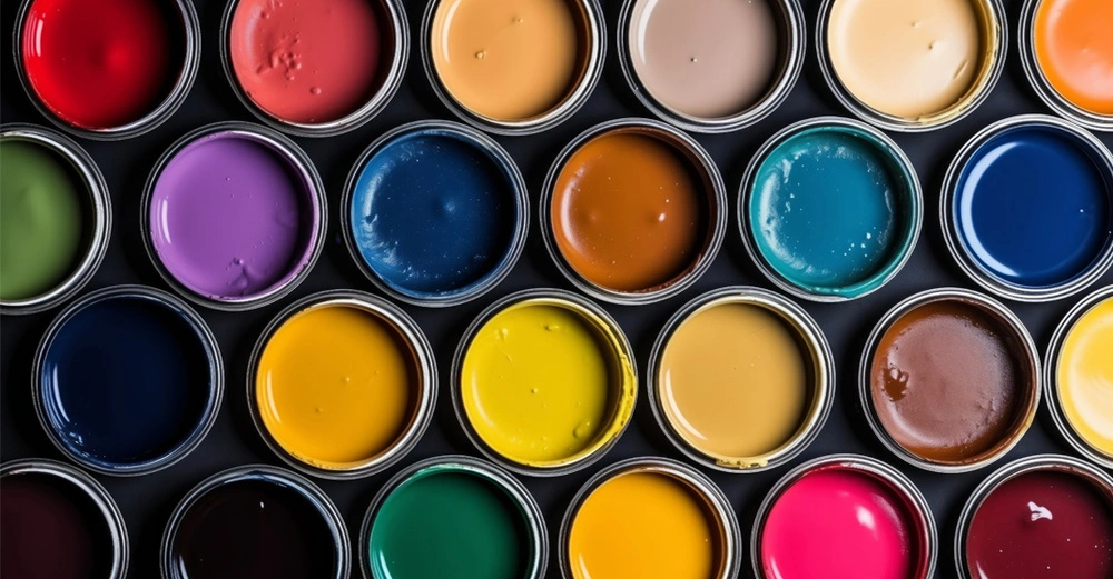 Flatlay von verschiedenen offenen Farbkübeln mit Wandfarbe in unterschiedlichen Farben.