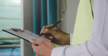 Person hält mit einer Hand ein Klemmbrett und schreibt mit der anderen Hand etwas darauf in einem Raum mit blauem Vorhang im Hintergrund.