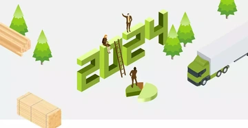 Große grüne 2024-Zahlen mit drei Figuren; eine balanciert eine Leiter eine sitzt und eine steht auf einem Tortendiagramm. Umgeben von Bäumen Holzstapeln und einem Lastwagen.