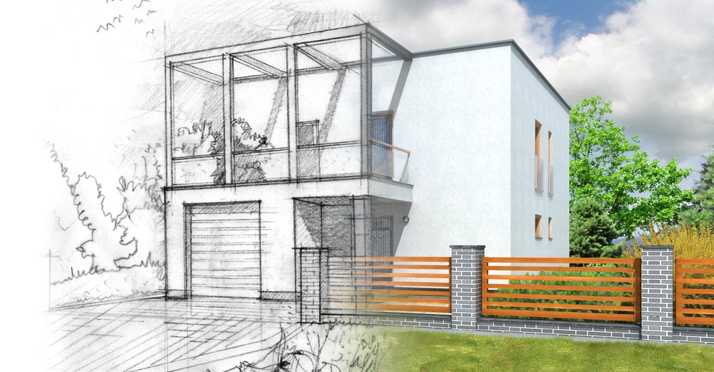 Ein modernes zweistöckiges Haus links halb skizziert rechts fertiggestellt mit weißer Fassade Holzzaun und grünem Rasen im Vordergrund bei bewölktem Himmel und grünen Bäumen im Hintergrund