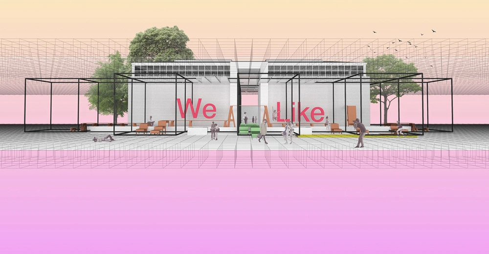 Gebäude mit weißer Fassade und großen Fenstern Text We Like Personen gehen herum in einer modernen offenen Struktur im Freien mit Bäumen unter einem pastellfarbenen Himmel mit Vogelgruppe