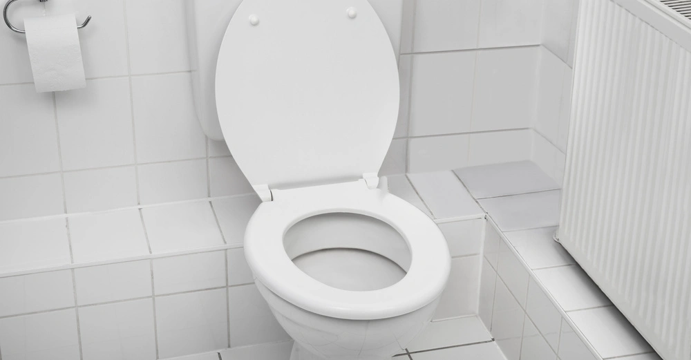 Weiße Toilettenschüssel mit offenem Sitz in einem gefliesten Badezimmer, daneben ein Toilettenpapierhalter und ein Heizkörper.