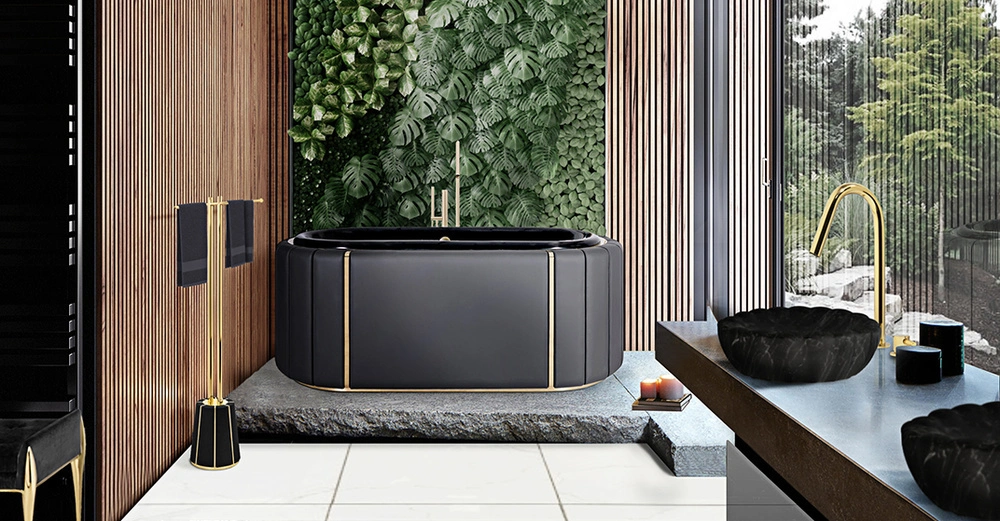 Badewanne aus schwarzem Kunstleder steht auf Natursteinpodest an der Raumstirnseite. Im Vordergrund rechts ein Doppelwaschtisch in schwarz und links ein großer Einbauschrank. 