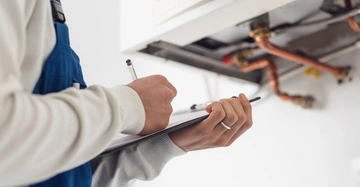 Handwerker im Blaumann steht in Heizungsraum, Boiler im Hintergrund, und füllt ein Formular zum Energieverbrauch auf Klemmbrett aus