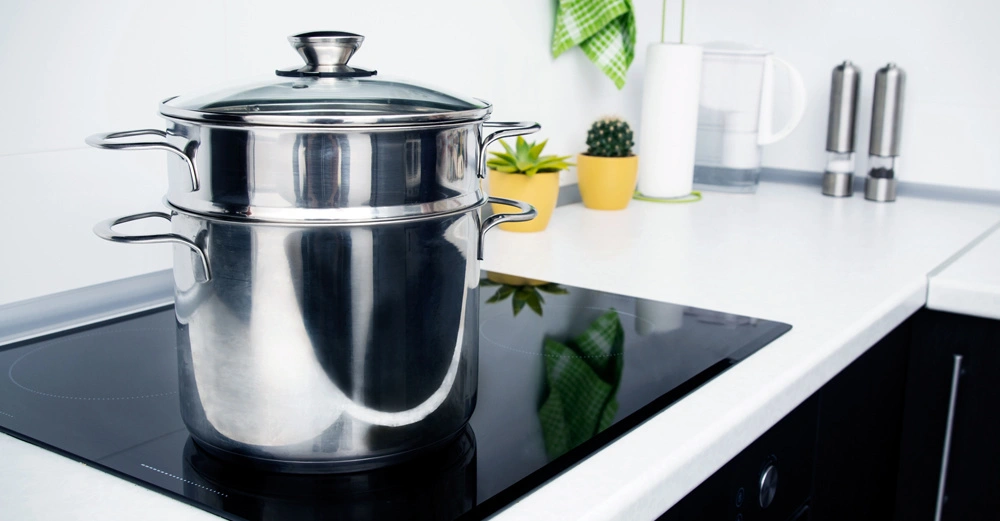 Ein großer Edelstahltopf mit Glasdeckel steht auf einem schwarzen Induktionskochfeld. Im Hintergrund befinden sich eine grüne Küchendekoration, ein Wasserfilter, ein Kaktus und Gewürzmühlen.