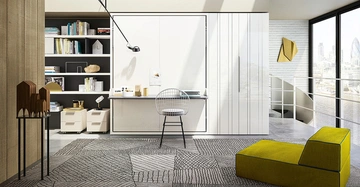 Ein moderner Arbeitsplatz mit einem Stuhl vor einem weißen Schreibtisch Aktion mit Regalen voller Bücher und Dekorationen Kontext in einem hellen Raum mit großen Fenstern und Blick auf eine Stadtlandschaft Im Text steht LUN 21