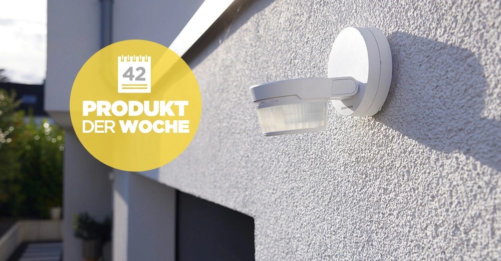 Bewegungsmelder in Weiß an grau verputzter Außenfassade, Anschnitt der Eingangstüre zu sehen. 