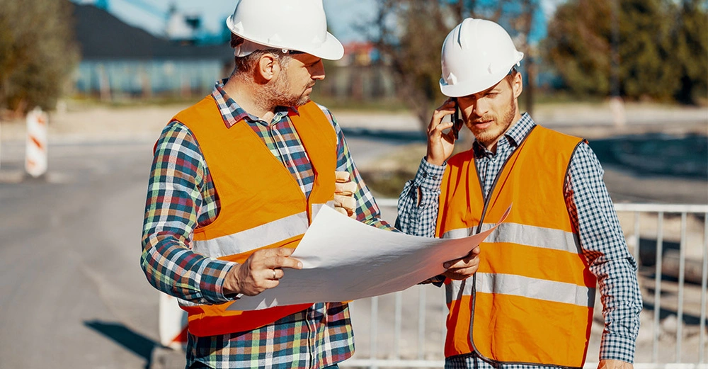 Generalunternehmer steht mit Bauherren auf Baustelle, beide in Warnweste und mit weißem Baustellenhelm diskutieren einen Plan, den der linke Mann in der Hand hält