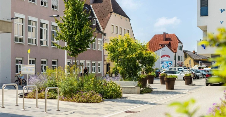 Innenstadt mit Pflasterung, Grünpflanzen und wenig Asphalt.