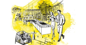 Eine sketchenhafte Illustration von einem Paar, das sich Designermöbel vor der Wiener Hochburg ansieht für die Design-District-Messe in Wien.