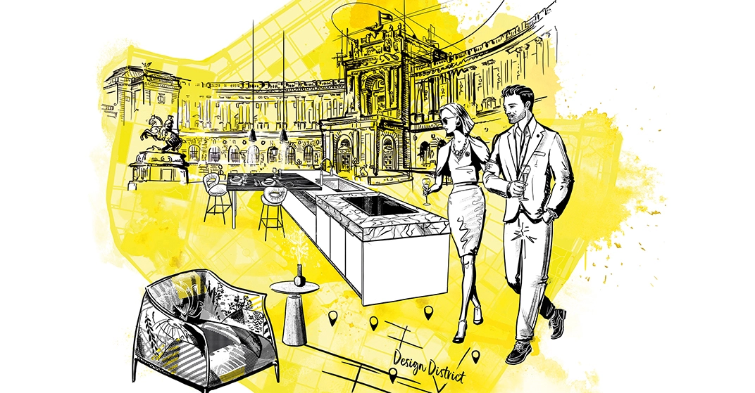 Eine sketchenhafte Illustration von einem Paar, das sich Designermöbel vor der Wiener Hochburg ansieht für die Design-District-Messe in Wien.