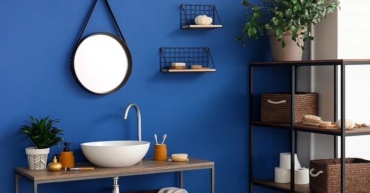 Runder Spiegel hängt über einem Waschbecken verschiedene Badezimmerutensilien daneben eine Pflanze kontext minimalistisches Badezimmer mit blauer Wand Regal mit Körben und einem weiteren großen Pflanzenkübel