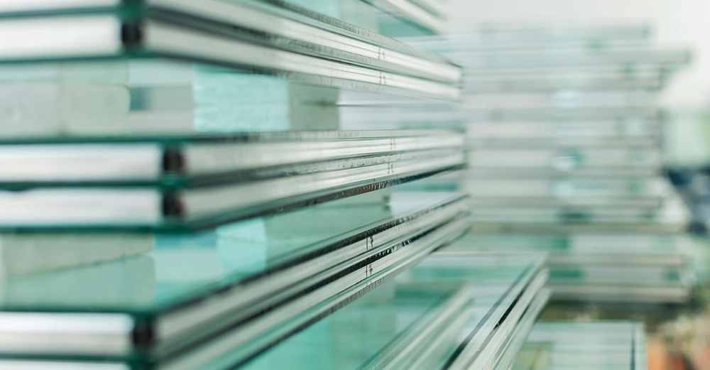 Mehrere Stapel von Glasscheiben liegen aufeinander in einem industriellen Lagerhaus, wobei die reflektierenden Oberflächen und Kanten des Glases sichtbar sind.