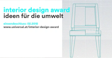 Blauer text äußert interior design award ideen für die umwelt Schwarzer text äußert einsendeschluss 02.2018 www.universal.at/interior-design-award Blau-weiße Zeichnung zeigt Stuhlentwurf Hintergrund Gitterlinien