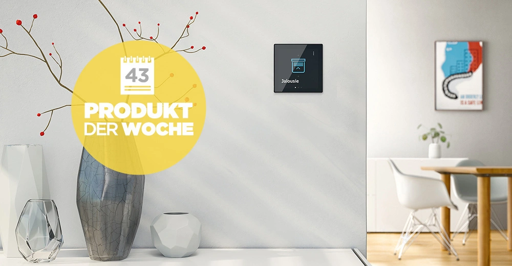 Vase mit roten Zweigen auf einem Tisch in einem modernen Raum Wandthermostat an der Wand Text auf gelbem Kreis: "43 PRODUKT DER WOCHE" Essbereich mit Tisch und Stühlen im Hintergrund.