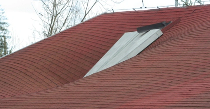 Galerie-Bild 3: Hausdach eingestürzt mit herausragendem Metallteil umgeben von kahlen Bäumen und bewölktem Himmel