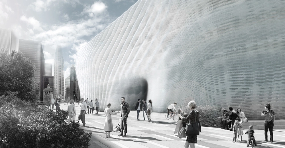 Menschen flanieren und entspannen auf einem Platz neben einem modernen, wellenförmigen Gebäude in einer städtischen Landschaft mit Hochhäusern. Bäume und Sträucher säumen den Platz.