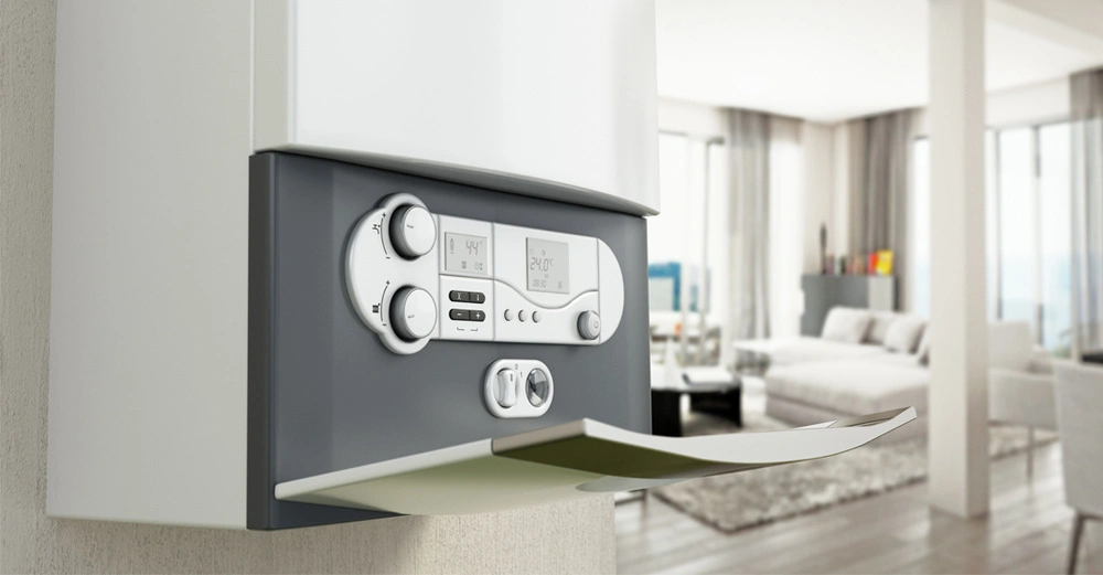 Wandmontierte Kombitherme mit geöffneter Klappe, im Hintergrund ein moderner Wohnraum