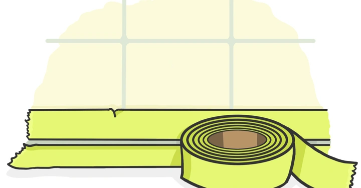 Rolle gelbes Klebeband liegt teilweise abgewickelt auf Untergrund Streifen mit gezacktem Rand ausgerollt im Hintergrund weiß wandige Kacheln