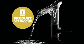 Wasserhahn Wasser fließend schwarzer Hintergrund goldener Kreis mit Text Produkt der Woche Kalender mit Zahl 3