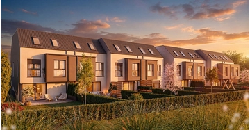 Sunset Fields Laxenburg, Reihnhausreihe aus 4 Häusern mit Garten bei Sonnenuntergang.