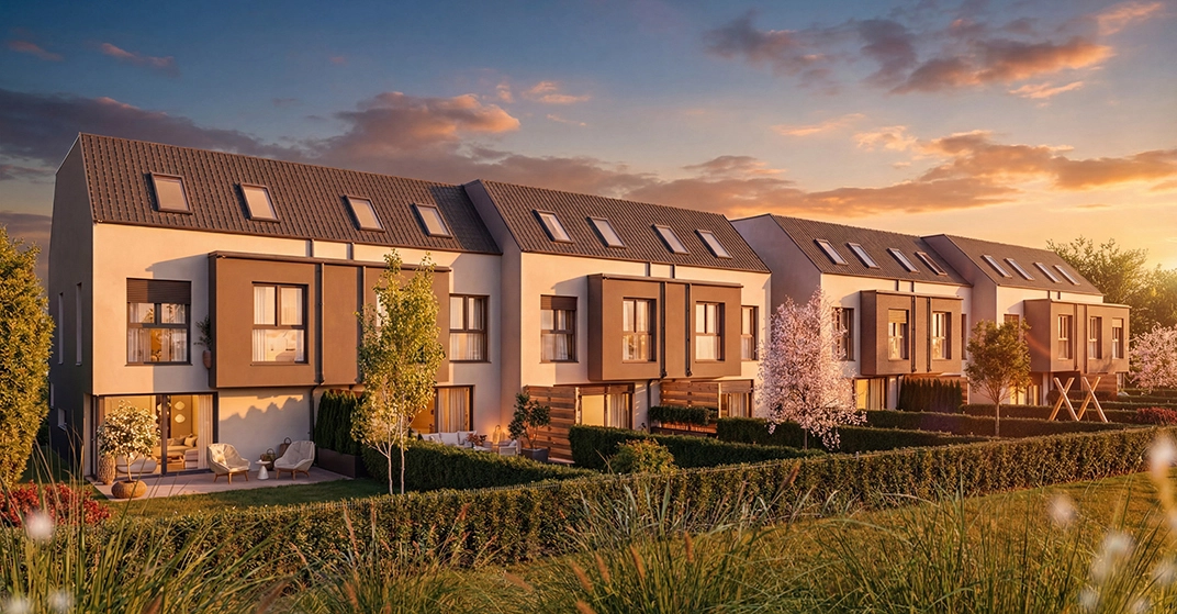 Sunset Fields Laxenburg, Reihnhausreihe aus 4 Häusern mit Garten bei Sonnenuntergang.