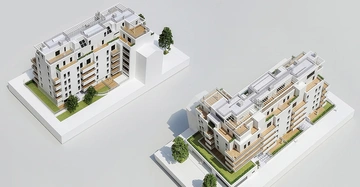 Zwei moderne Gebäudemodelle mit mehreren Stockwerken und großen Fenstern in einer urbanen Umgebung mit Bäumen und Grünflächen aufweißem Podest dargestellt.