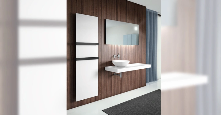 Waschbecken hängt an einer Holzverkleidungswand mit einem graphitfarbenen Teppich auf dem weißen Boden und einem großen rechteckigen Spiegel sowie weißen Wandpaneelen mit schwarzen Halterungen daneben.