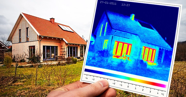 Foto eines Hauses mit rotem Dach und Holzverkleidung im Garten eine Person hält ein Infrarotbild des Hauses das Wärmeverluste zeigt Datum auf dem Infrarotbild ist 27-01-2011 13:27