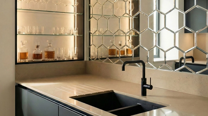 Abtrennungswand mit offenen Hexagonen aus Edelstahl hinter Küchenwaschbecken mit schwarzer Armatur.