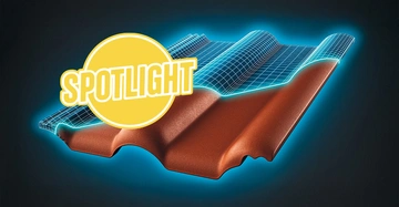 Grafische Darstellung eines Bramac-Dachsteins mit Novo-Beschichtung: rötlicher Dachstein neben blauem Gittermodell mit gelbem Spotlight-Logo auf dunklem Hintergrund.