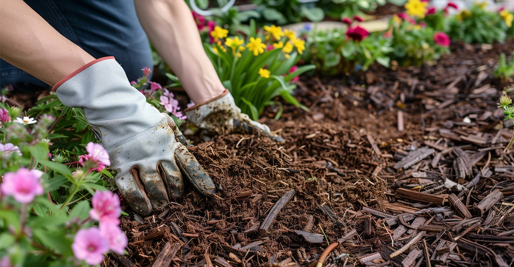 Frau mit hellgrauen Gartenhandschuhen verteilt organischen Mulch, Hackschnitzel, im Blumenbeet. Zu sehen sind mehrere kleine Blumenstöckchen in pink, gelb und rot