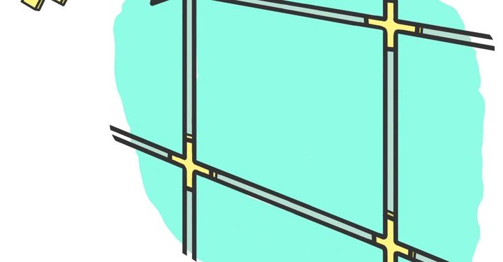 Ein gelbes Kreuz wird durch einen roten Pfeil auf eine Straßenkreuzung auf einer blauen Fläche verwiesen.