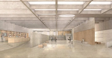 Mock-Up des neuen Belvedere Visitor Centers: Eine weitläufige unterirdische Halle aus hellem Stein mit moderner Garderobe und Kassa.