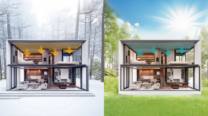 Galerie-Bild 2: Rendering: offene Frontansicht eines Einfamilienhauses mit wärmender Decke (orange Pfeile von oben) im Winter und kühlender Decke (blaue Pfeile im Sommer)im Sommer.