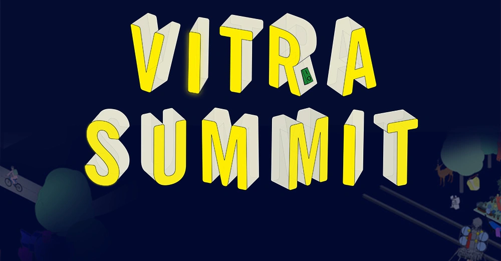 Gelbe 3D-Buchstaben bilden die Worte VITRA SUMMIT auf dunkelblauem Hintergrund; im unteren Rand sind schemenhaft Bäume, eine Person mit Fahrrad und stilisierte Objekte zu erkennen.