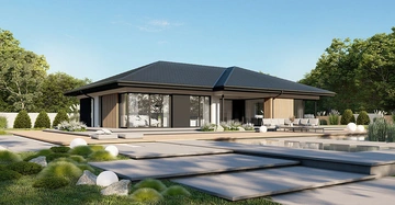 Großer Bungalow mit Walmdach im Hintergrund, Pool und Wiese im Vordergrund.