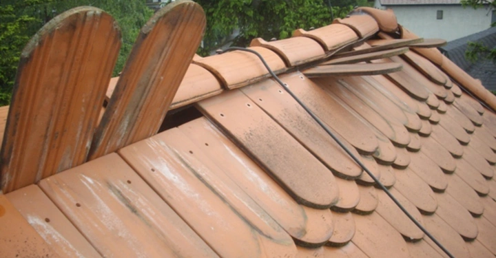 Galerie-Bild 28: Zwei alte Skier stecken auf einem schrägen Dach mit roten Ziegeln fest im Freien umgeben von Bäumen und angrenzenden Gebäuden