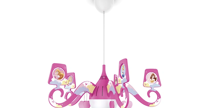 Galerie-Bild 5: Eine rosa Kronleuchterlampe mit weißen und gelben Wolkendekorationen zeigt 4 verschiedene Prinzessinnen auf separaten Schirmen hängt von der Decke herab Herzanhänger enthalten im Innenraum.