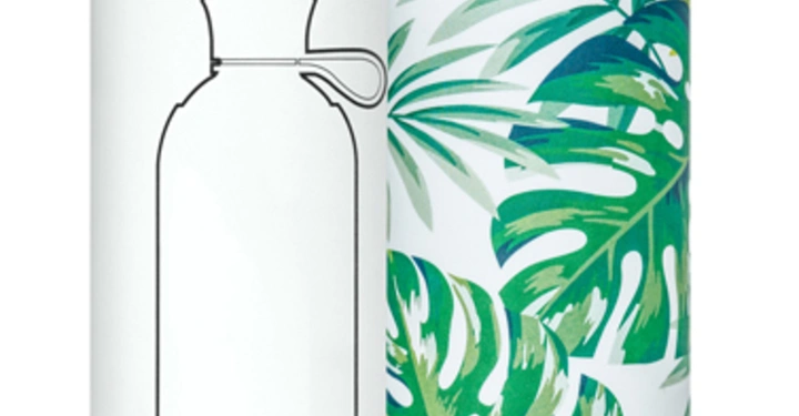 Eine Wasserflasche mit grünem Blätterdesign steht aufrecht neben einer passenden runden Verpackung; beide Objekte zeigen tropische Blätter. Text auf Flasche und Verpackung: "Doli".